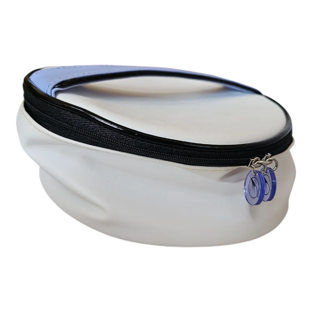 Vintage Thierry Mugler White Round Cosmetic Case Bag with Black Trim & Lilac